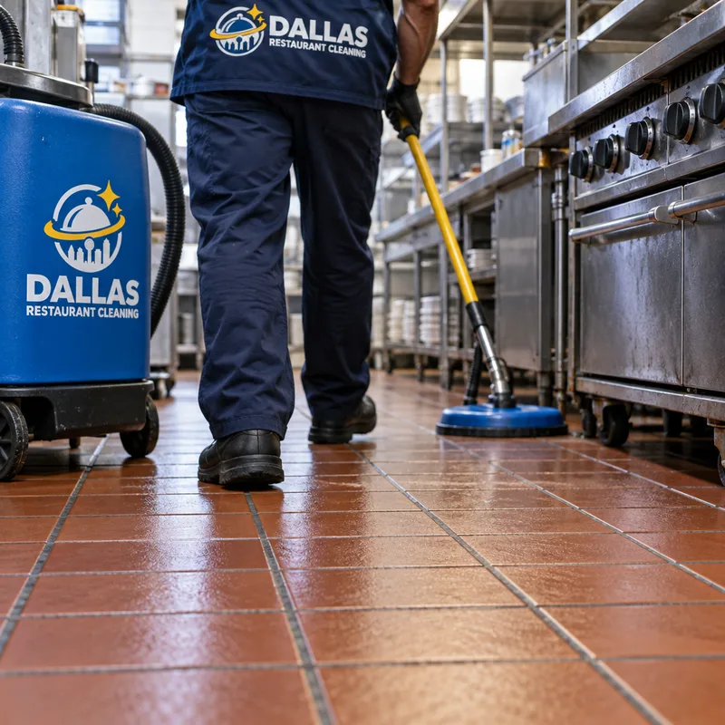 Clean quarry tile cookline floor with visible grout and a dry walking path