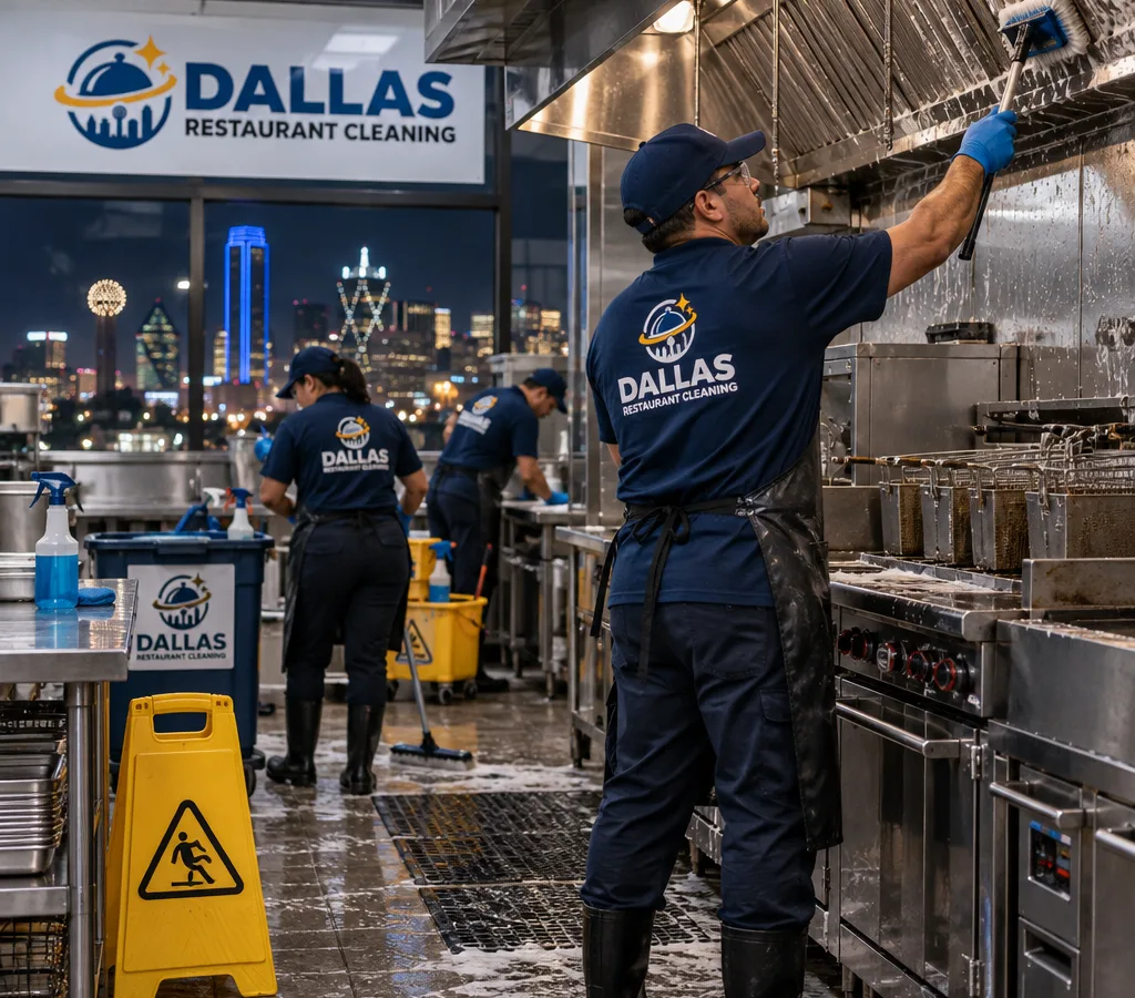 Commercial kitchen crew cleaning a Dallas restaurant cookline at night with PPE and wet-floor signage