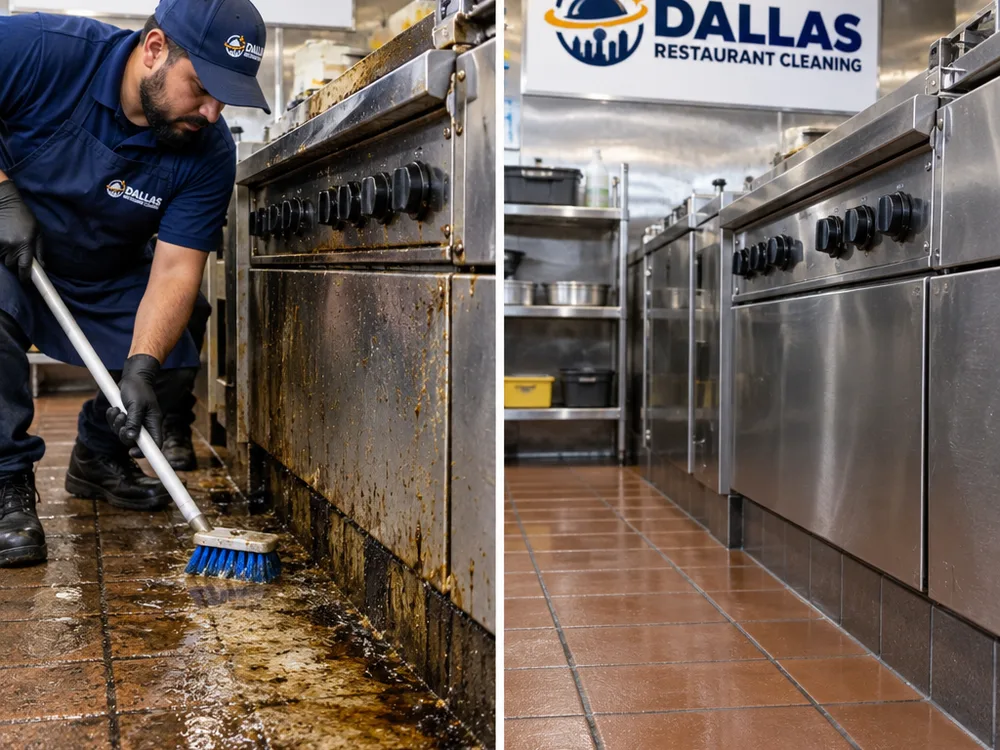 Cookline floor and baseboard before and after commercial degreasing