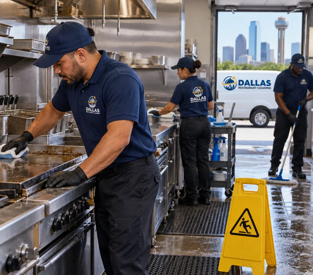 Professional restaurant cleaners detailing a commercial kitchen line, stainless surfaces, fryers, and floors