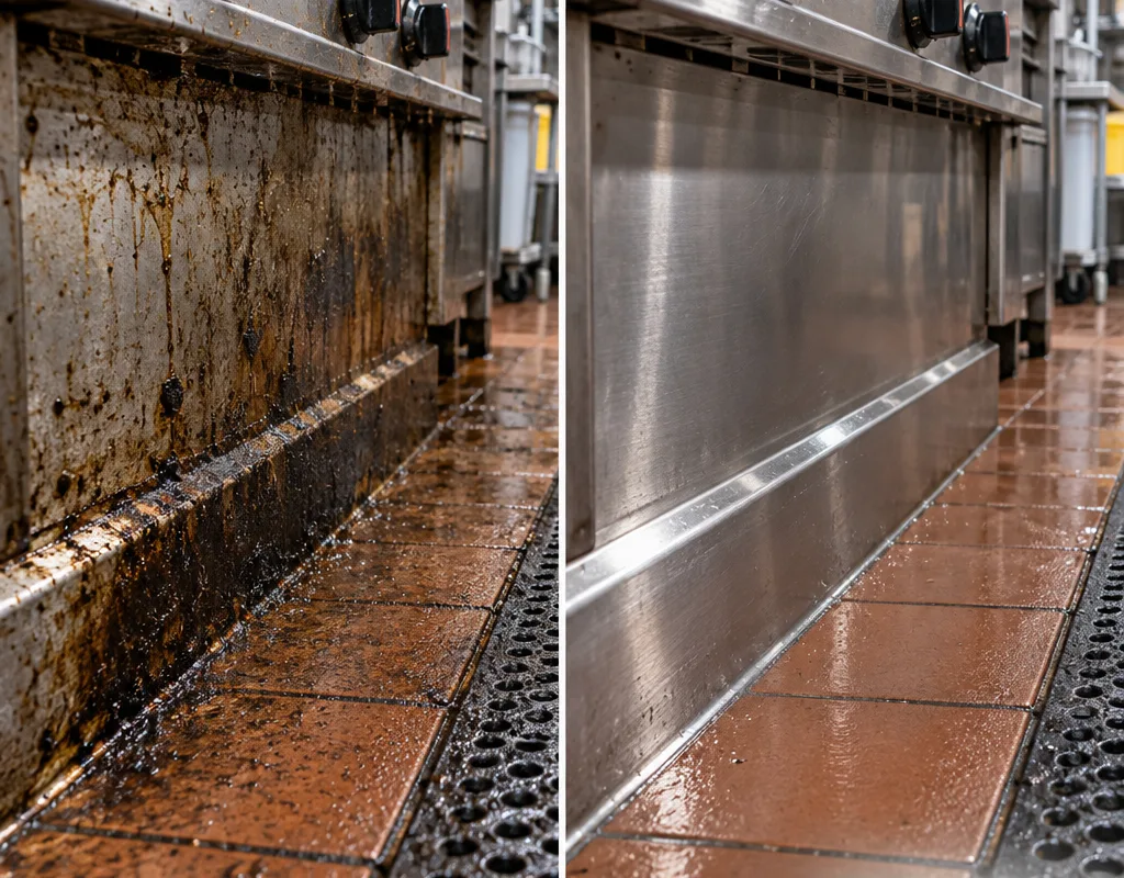 Before-and-after view of a commercial cook line floor edge and baseboard following degreasing and scrubbing