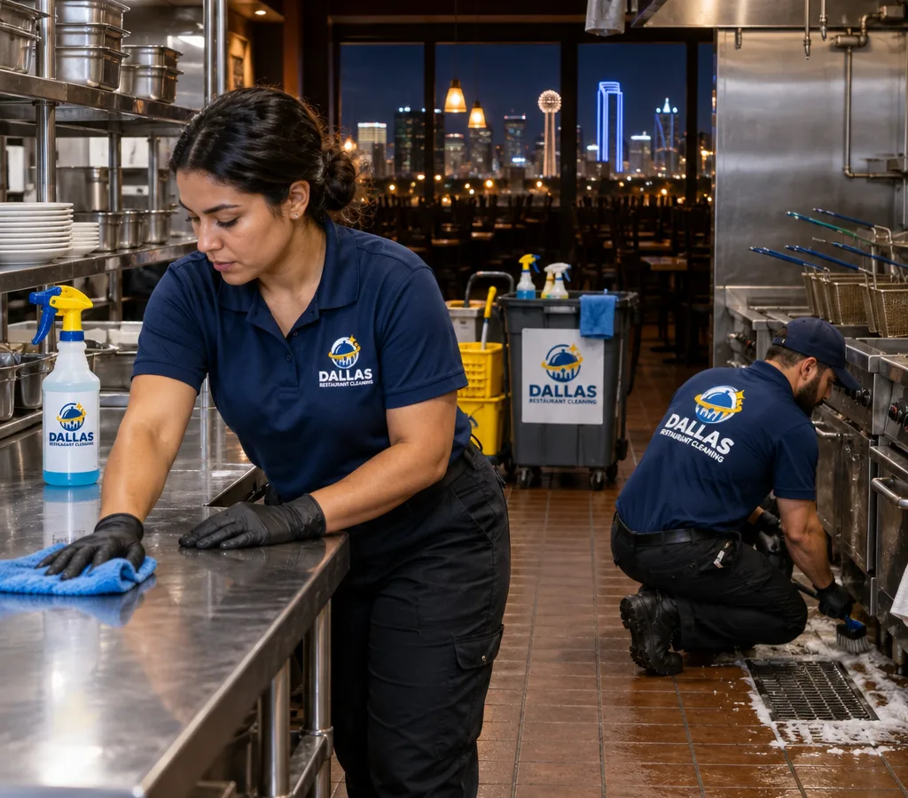 After-hours commercial kitchen cleaning in a Dallas restaurant with technicians detailing stainless prep tables, the fry line, and floor drains