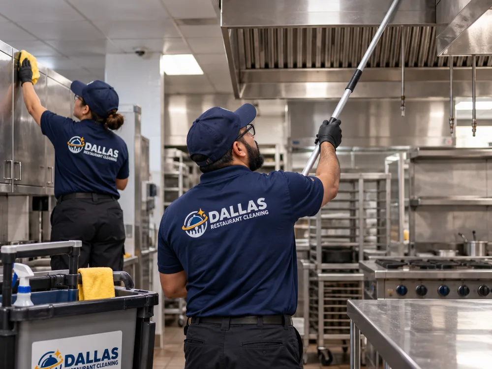 Technicians performing high dusting on commercial kitchen ceiling corners, vent lines, and cabinet tops after hours
