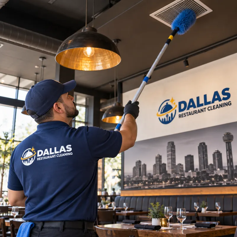 Technician using an extension pole and microfiber duster to clean high vents and light fixtures above a restaurant dining room