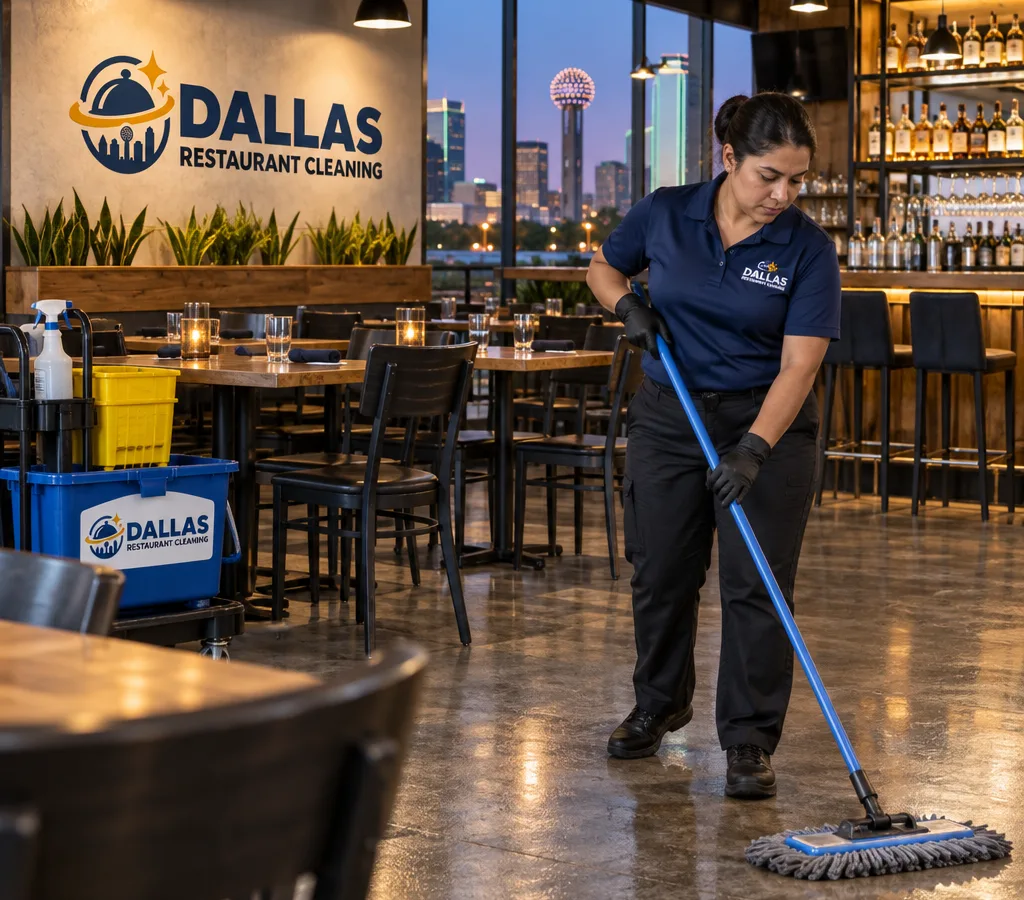 Evening cleaning crew member mopping a restaurant dining room floor while tables and chairs are staged and the bar is visible