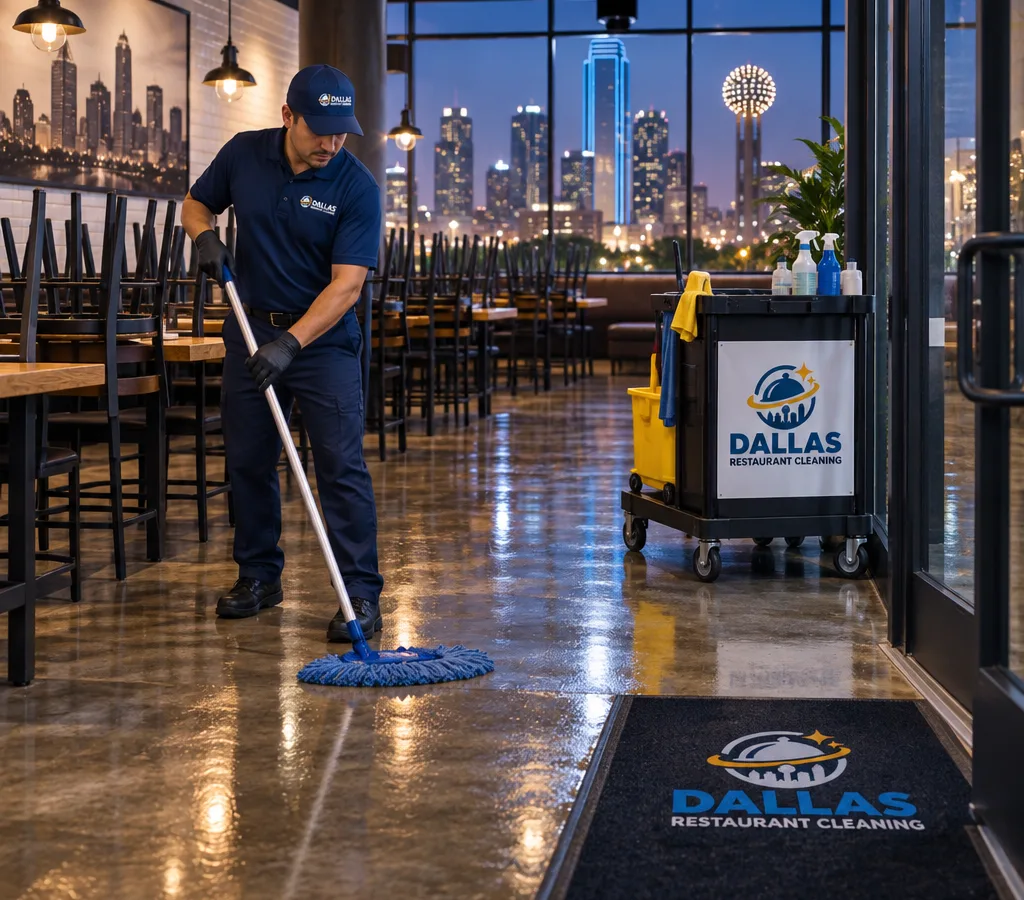 Dallas restaurant dining room after hours with chairs raised, freshly cleaned floors, and a discreetly staged cleaning cart