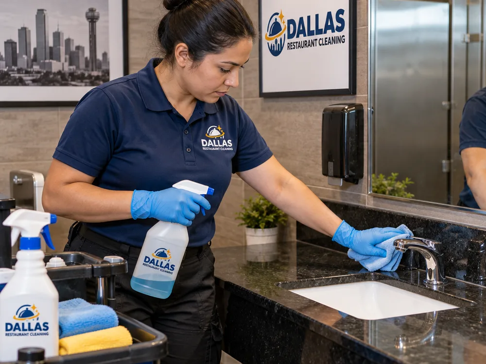 Gloved cleaner using a microfiber system to disinfect restaurant restroom sinks, counters, and mirrors with supplies staged neatly
