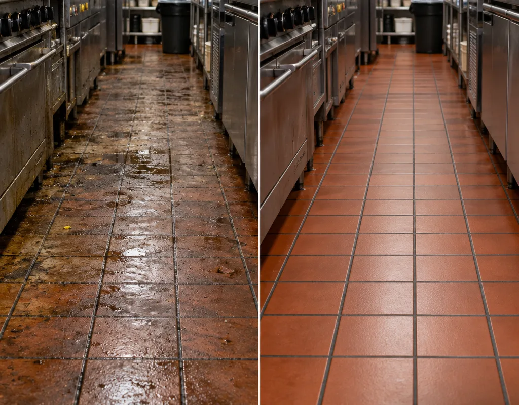 Before and after view of a greasy quarry tile kitchen walkway showing restored tile color and cleaner grout
