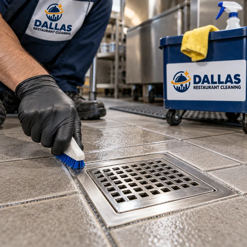 Cleaned grout around a restaurant floor drain with detailed edge work and no visible grease halo