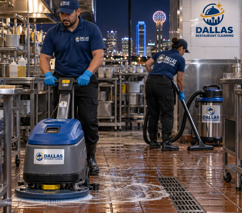 Nighttime commercial kitchen crew cleaning a greasy restaurant tile floor with a low-profile scrubber and wet vacuum