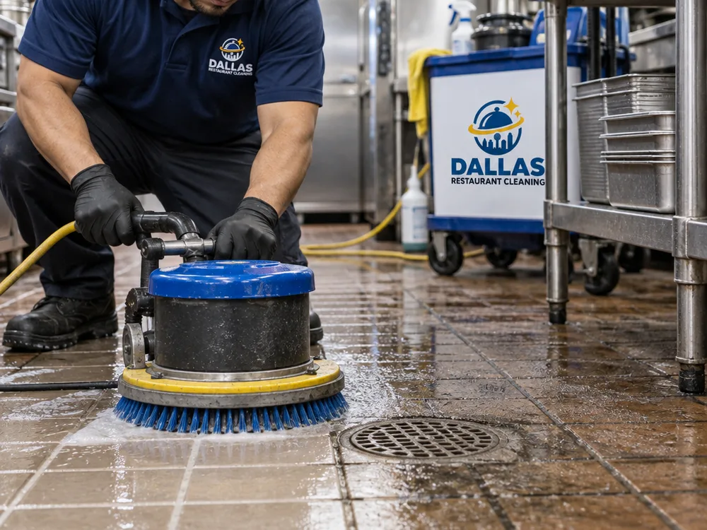Technician scrubbing restaurant grout lines near a floor drain with cleaned and uncleaned grout visible