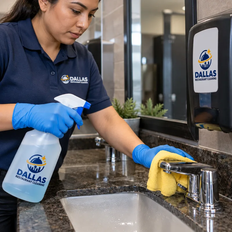 Technician disinfecting commercial restroom faucet handles and dispensers with color-coded microfiber cloths