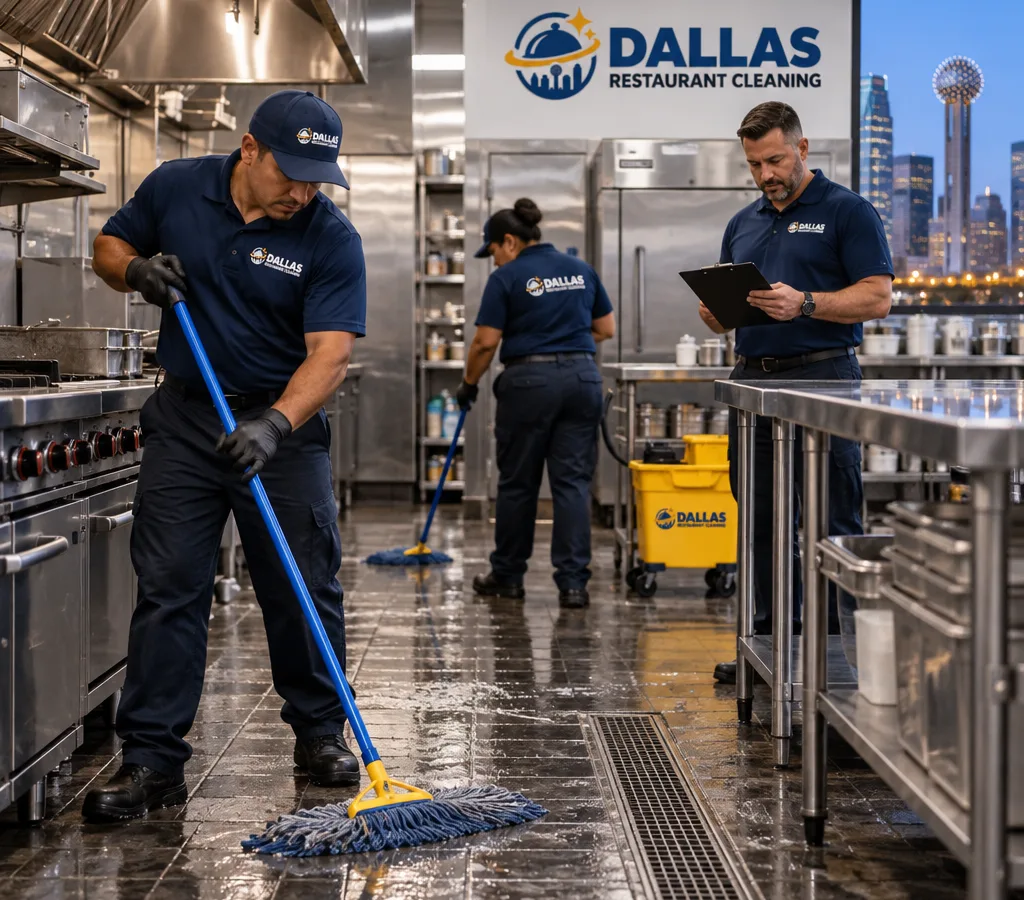 After-hours cleaning crew mopping a commercial restaurant kitchen while a supervisor reviews the final checklist