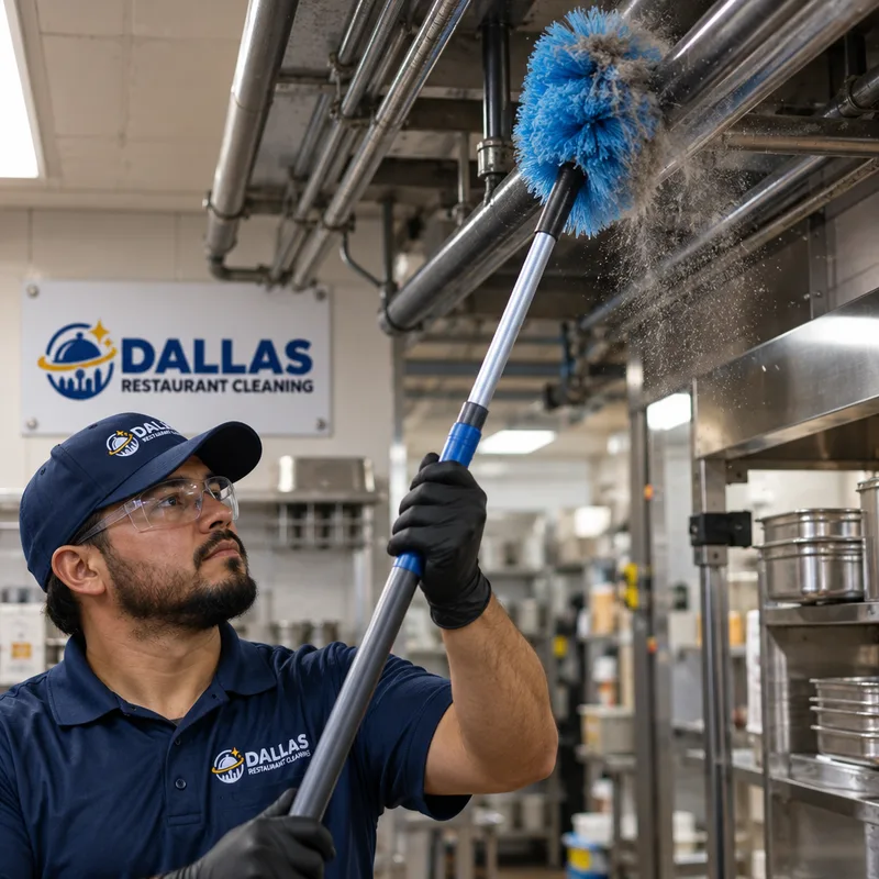 High dusting overhead pipes and conduit above a commercial kitchen aisle