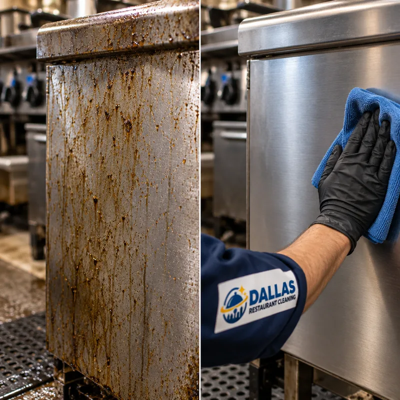 Greasy stainless equipment side panel being wiped to a clean uniform finish
