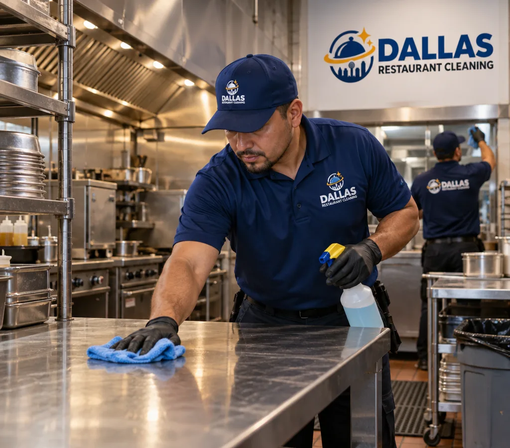 Technician cleaning stainless prep surfaces in a working Farmers Branch restaurant kitchen