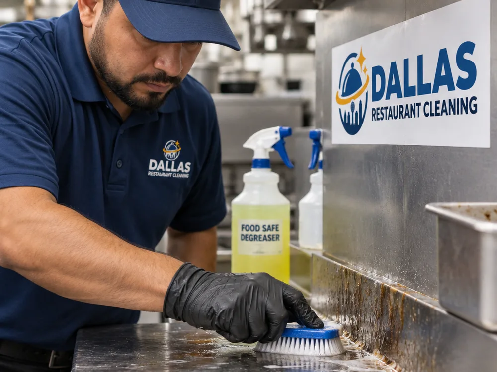 Technician scrubbing greasy buildup from a stainless prep table edge and backsplash seam
