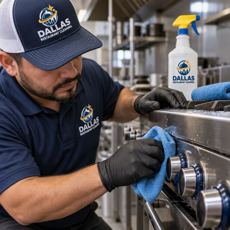 Technician detailing stainless steel around commercial range knobs and seams with food-safe degreaser and microfiber cloths