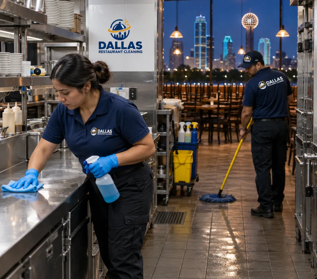 After-hours restaurant cleaning team in Richardson wiping down a stainless prep line and mopping a commercial kitchen floor with the dining area visible behind them