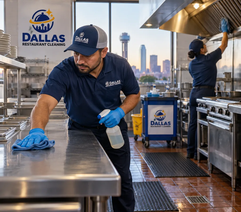 Early-morning restaurant kitchen in Irving being cleaned, including the stainless prep line, hood area, and tile floor