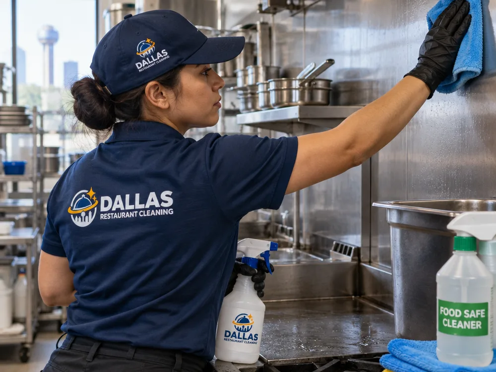Cleaner detailing stainless equipment and backsplash in a commercial kitchen using labeled food-safe supplies
