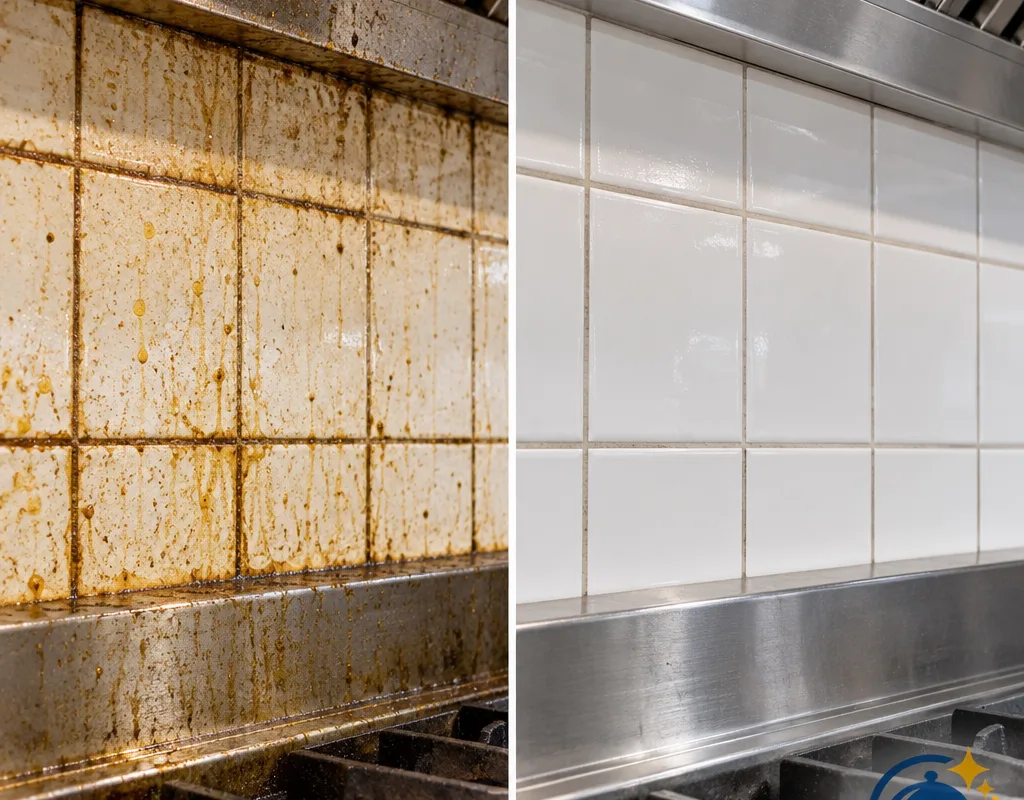 Before-and-after comparison of greasy kitchen tile and grout following deep scrubbing and degreasing