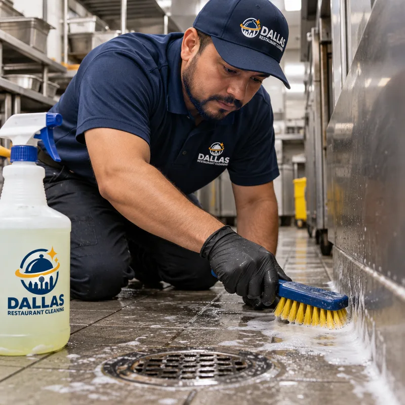 Technician scrubbing a commercial kitchen cove base and grout line beside a floor drain