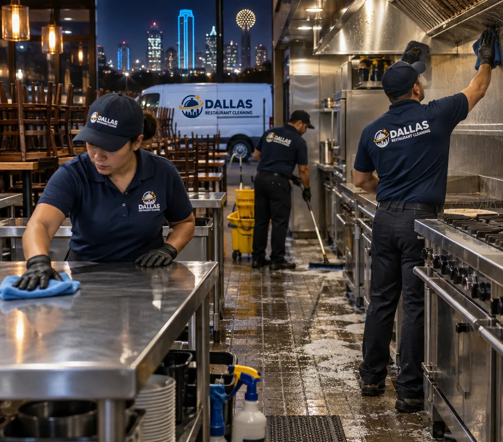 Night cleaning crew wiping stainless prep tables and degreasing a commercial cook line while the dining room is staged for after-hours cleaning