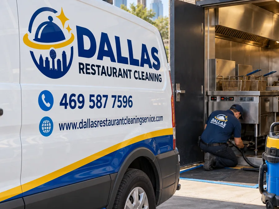 Technician cleaning under and behind a fryer bank with the area protected