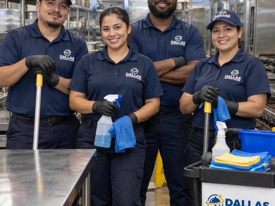 Restaurant cleaning crew with PPE and neatly staged tools in a commercial prep area