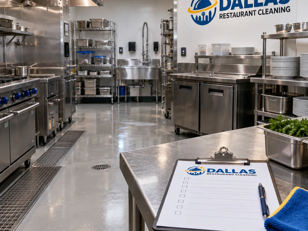 Clean restaurant kitchen after service with scrubbed floors, cleared trash, wiped stainless counters, and a checklist